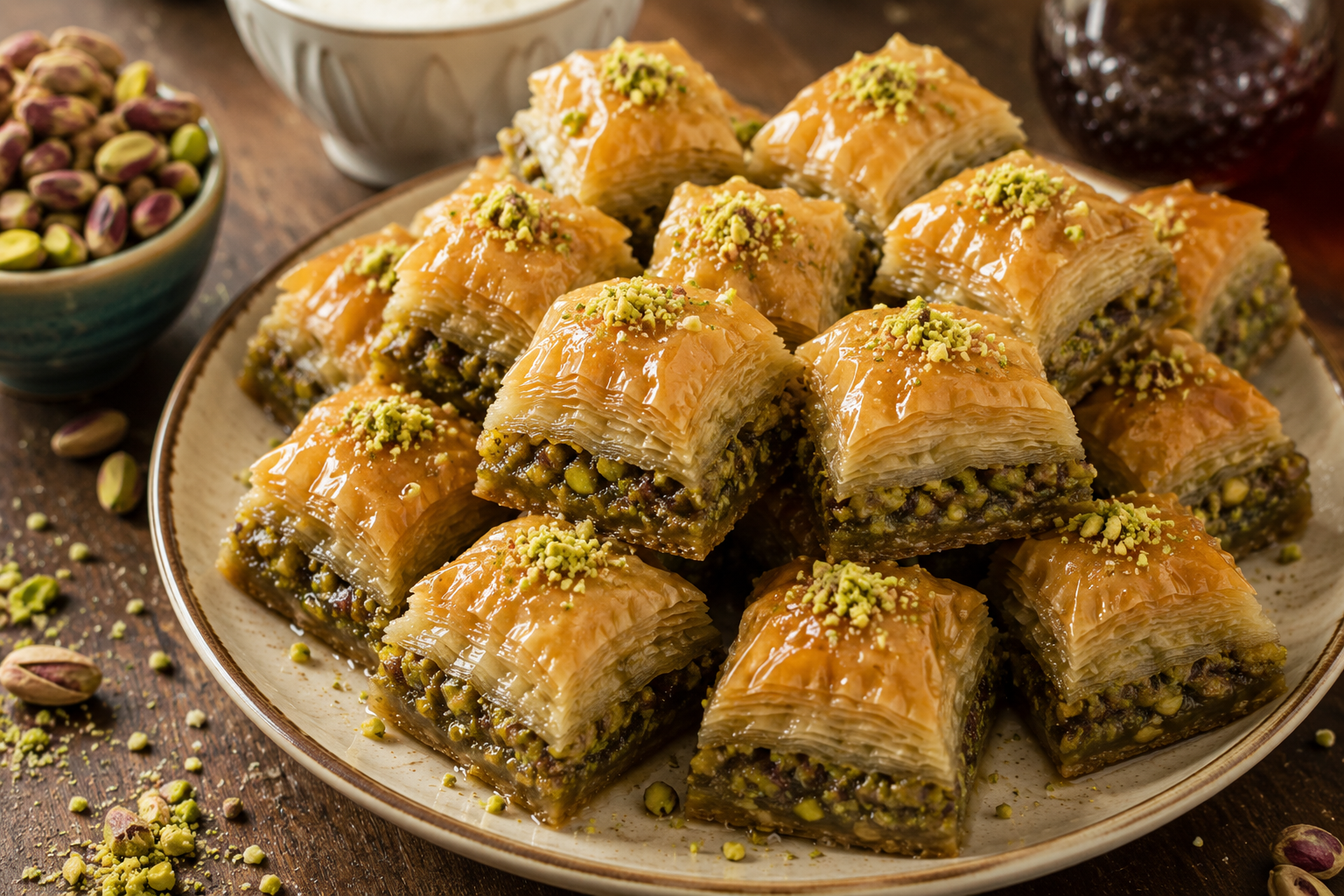 Baklava turca crocante com camadas de pistache e calda tradicional