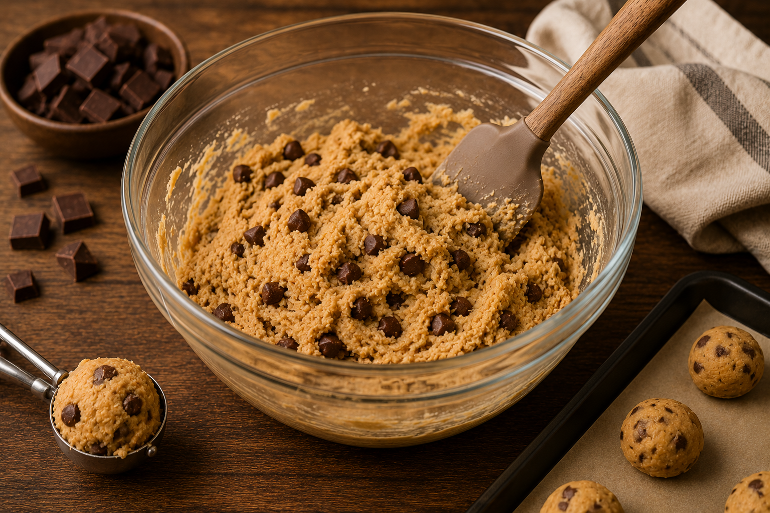 Cookies americanos empilhados com gotas de chocolate aparentes em close rústico