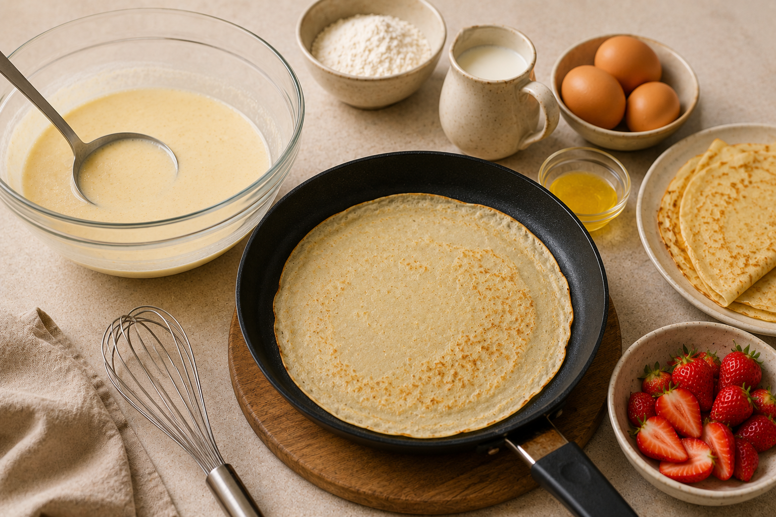 Close em um crepe francês recheado cortado ao meio mostrando o creme mascarpone