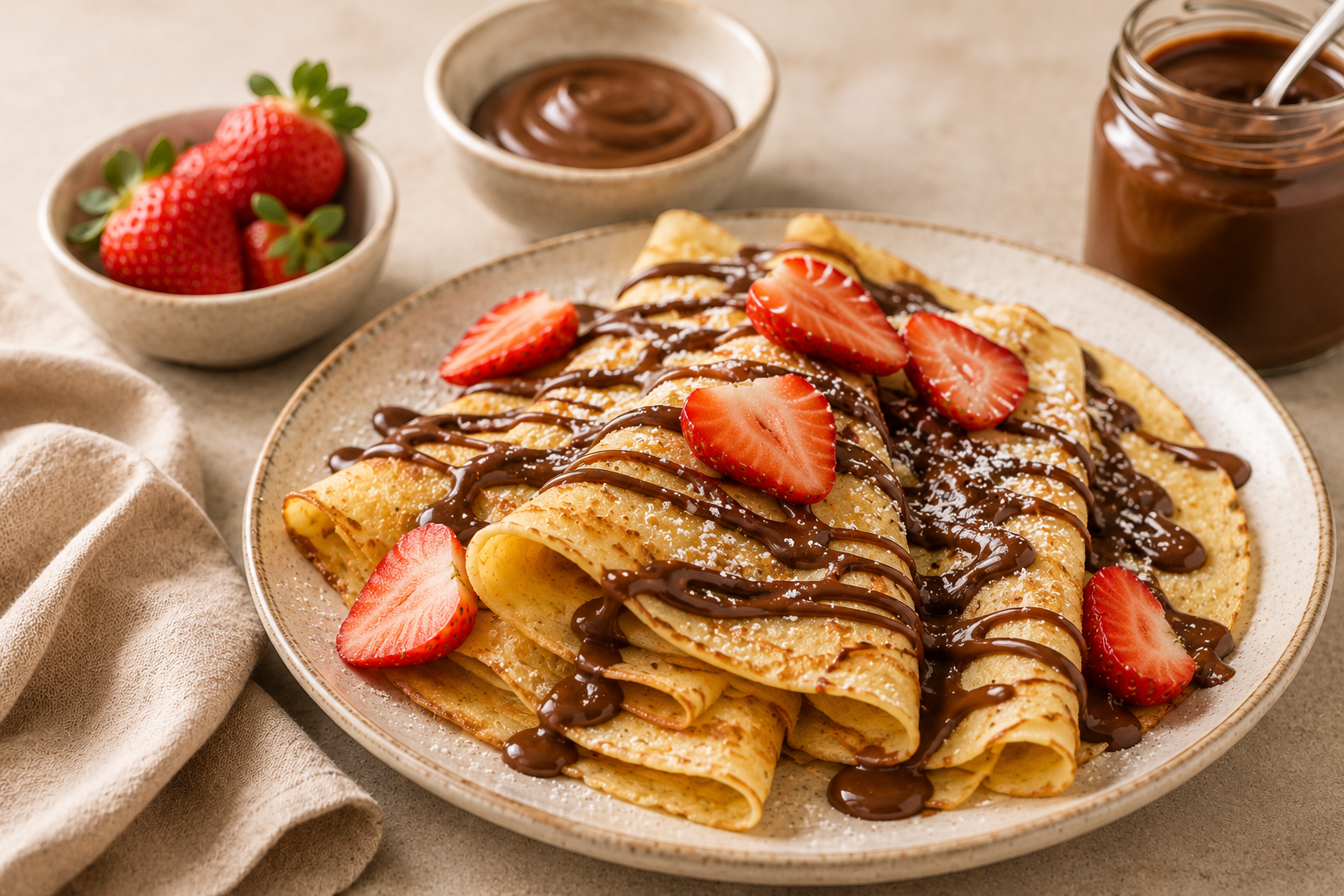 Crepe francês fino e dourado recheado com creme e morangos frescos