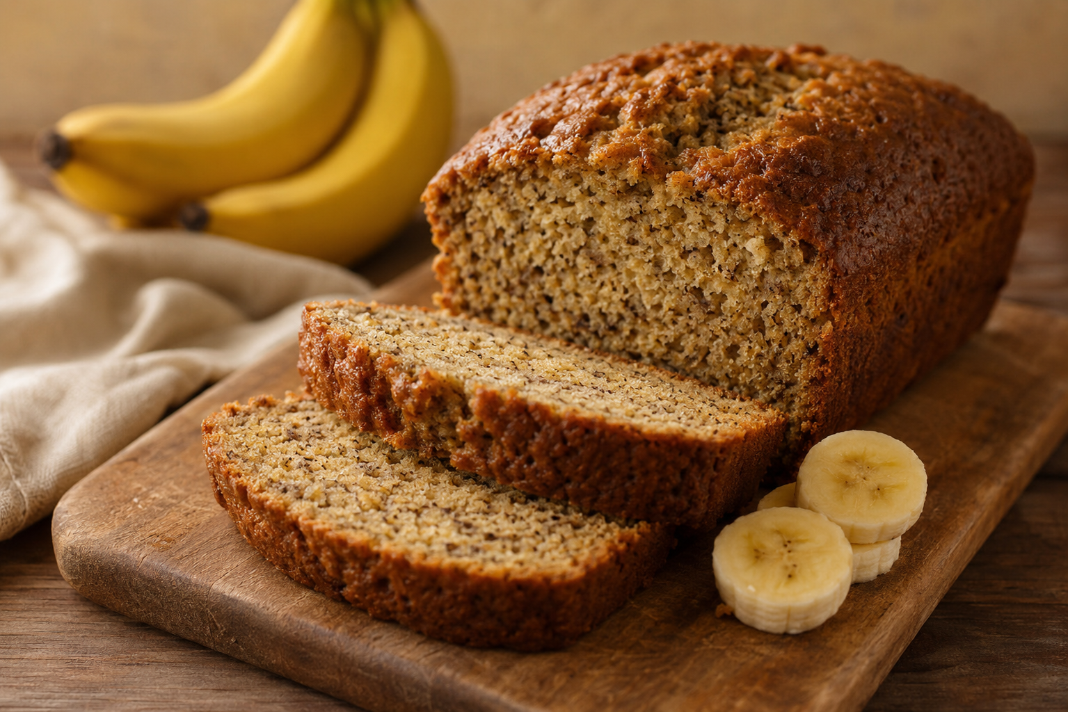 Pão de banana caseiro dourado e fofinho saindo do forno